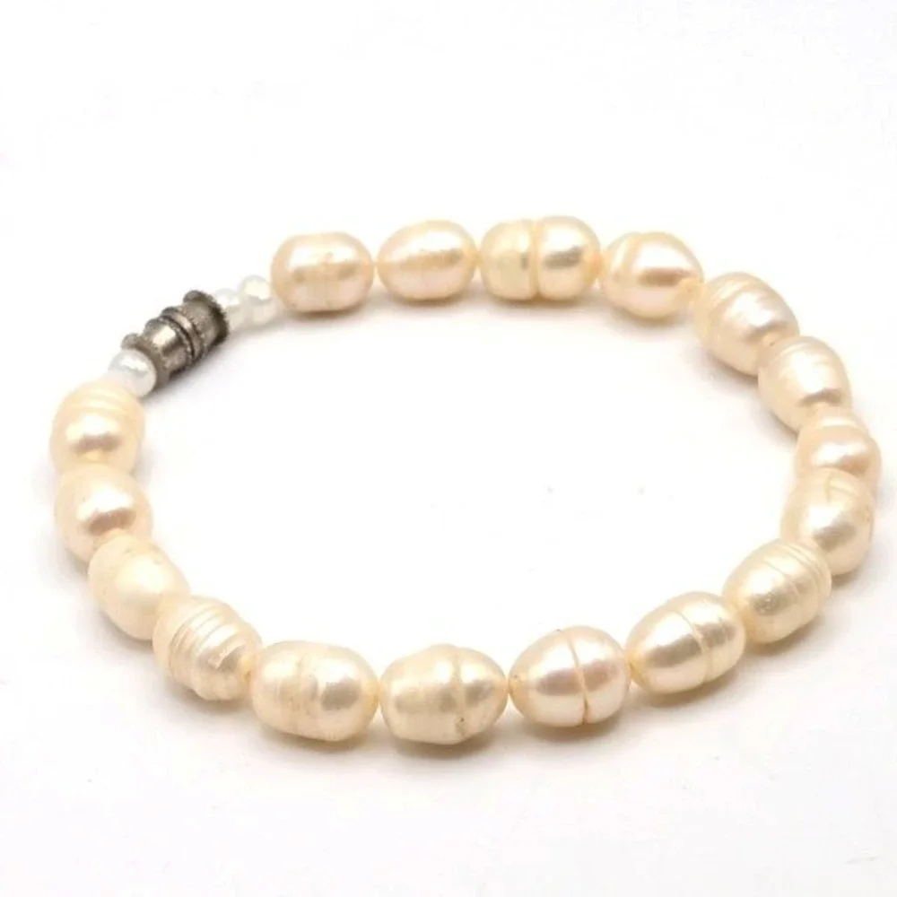 Handmade Cream Colored Baroque Freshwater Pearl Bracelet Silvertone Barrel Clasp